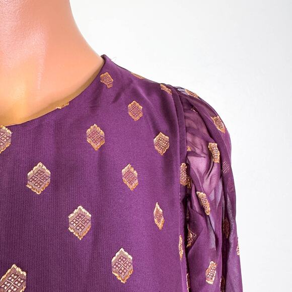 Calvin Klein Printed Tie Cuff Long Sleeve Shift Mini Dress Gold Burgundy 2 NWT - Picture 4 of 13